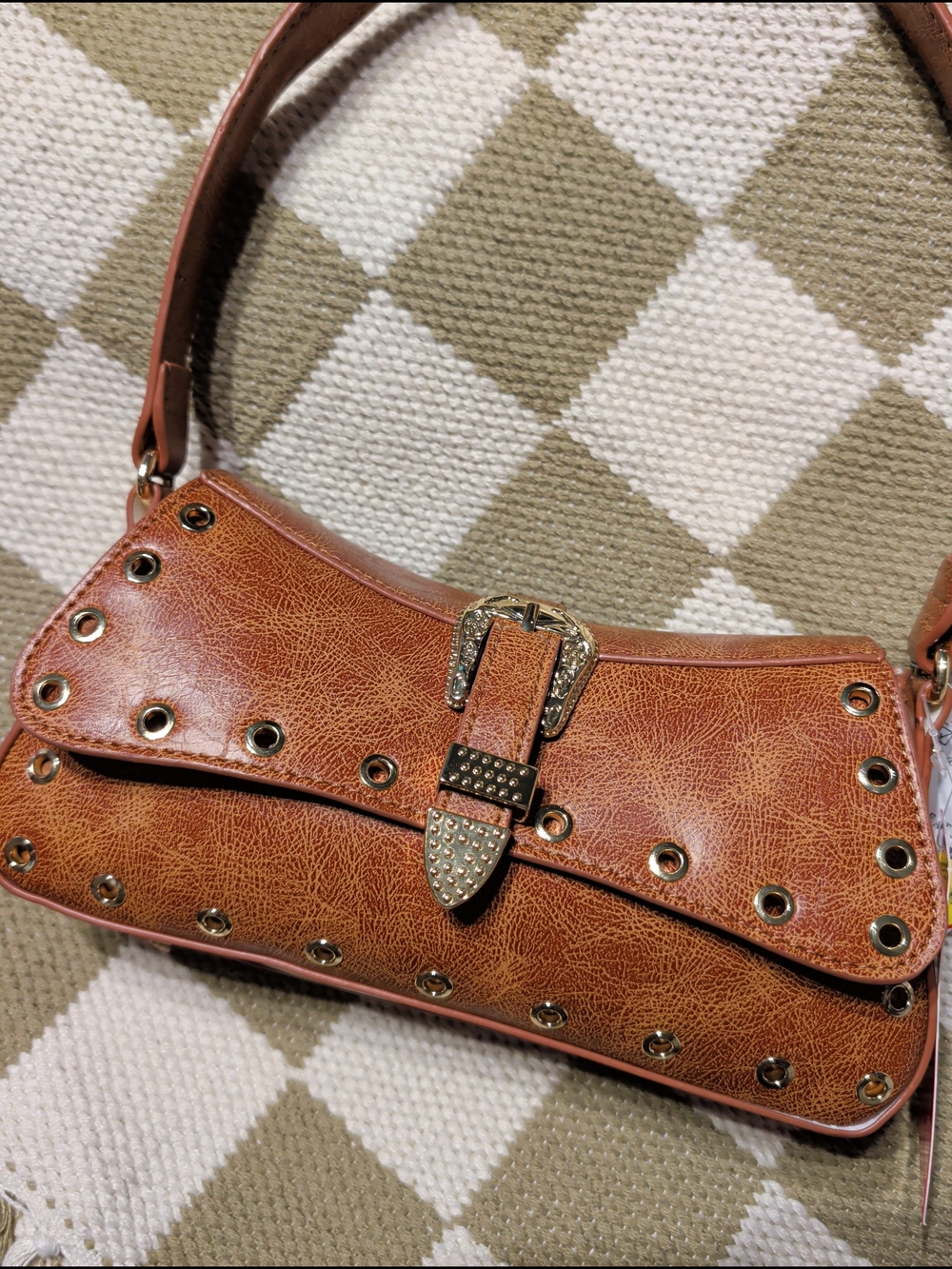 Studded Tan Shoulder Bag with Buckle Detail Betsy Johnson NWT